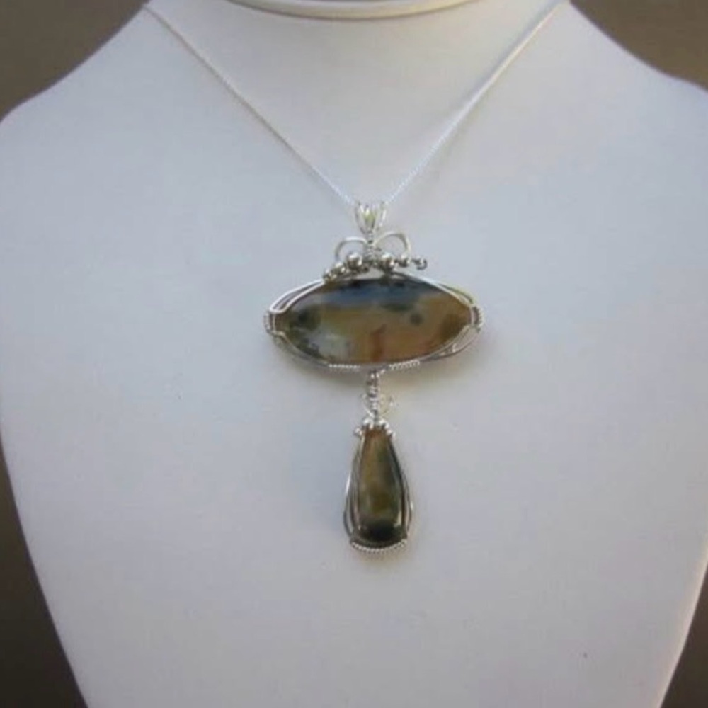Vintage Ocean Jasper Double Stone Sterling Silver Wire Wrapped Pendant - Picture 2 of 5